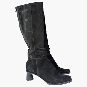 Vintage 90s/Y2K Ann Marino Black Suede Heeled Boots With Sculptural Heel | 7.5